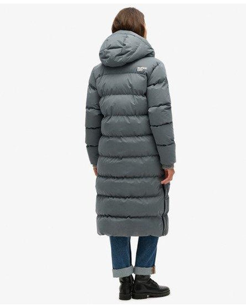Superdry Blue Microfibre Long Puffer Coat