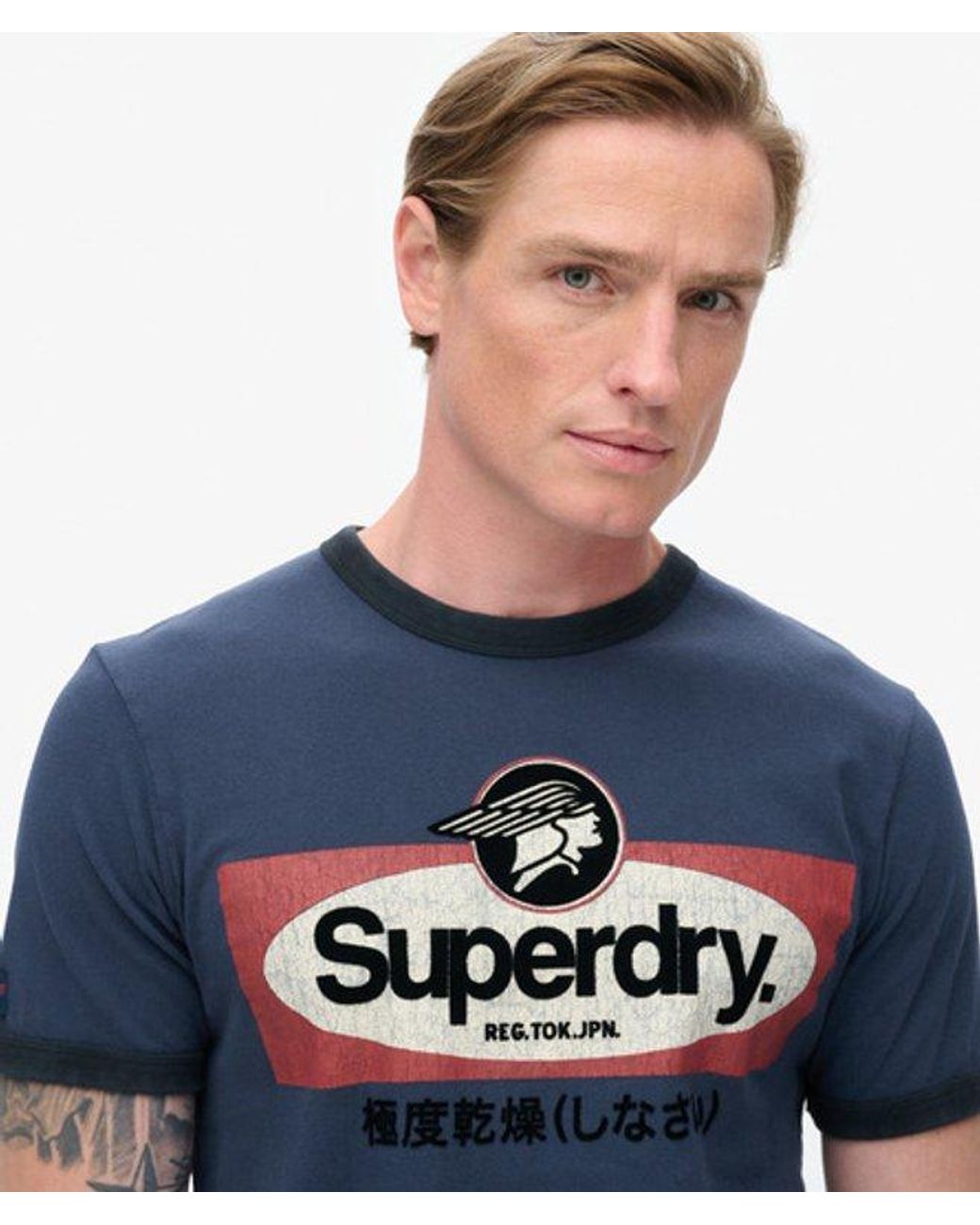 Superdry Blue & Co Core Logo Ringer Workwear Graphic Crew Neck T-shirt for men
