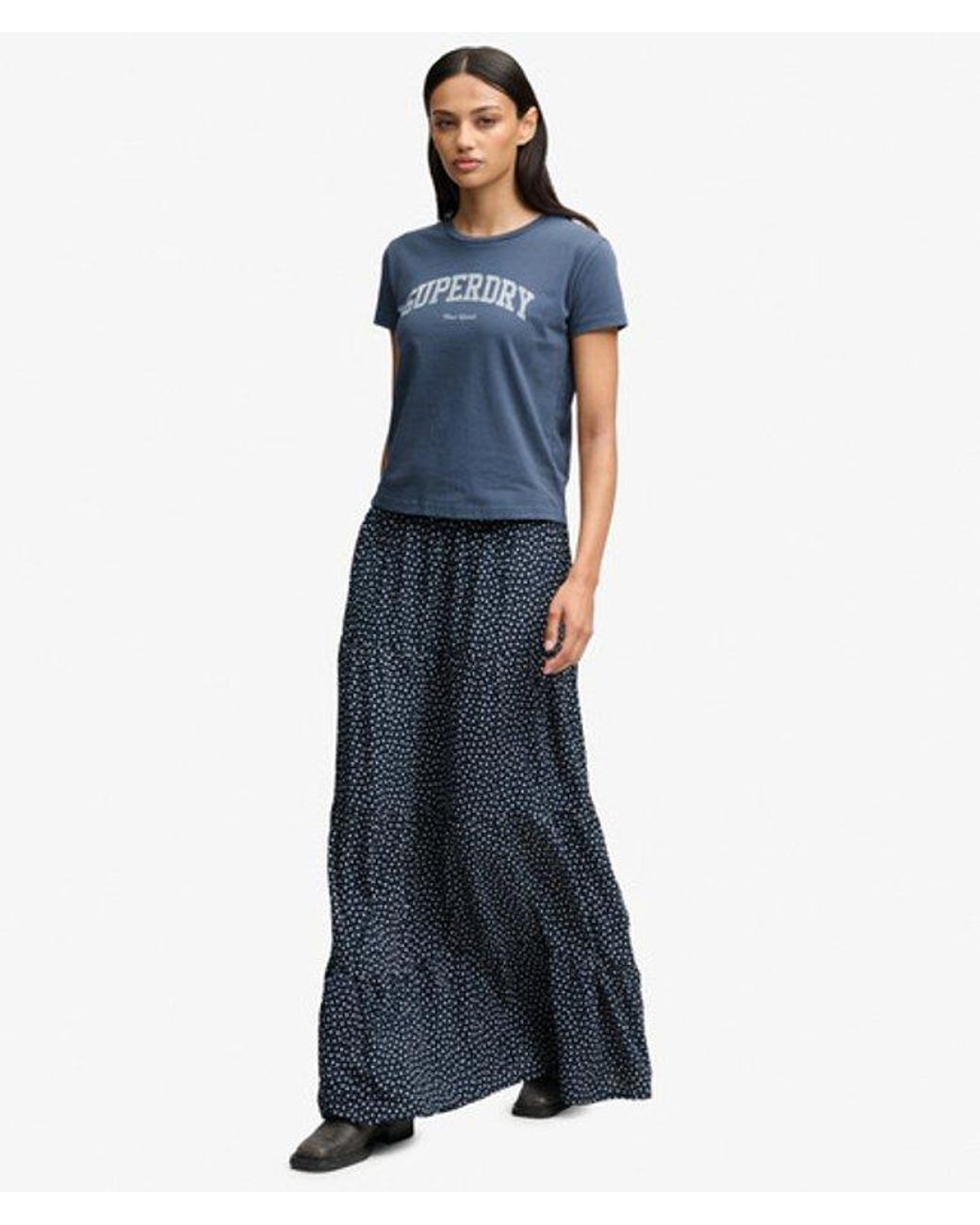 Superdry Blue Woven Tiered Maxi Skirt