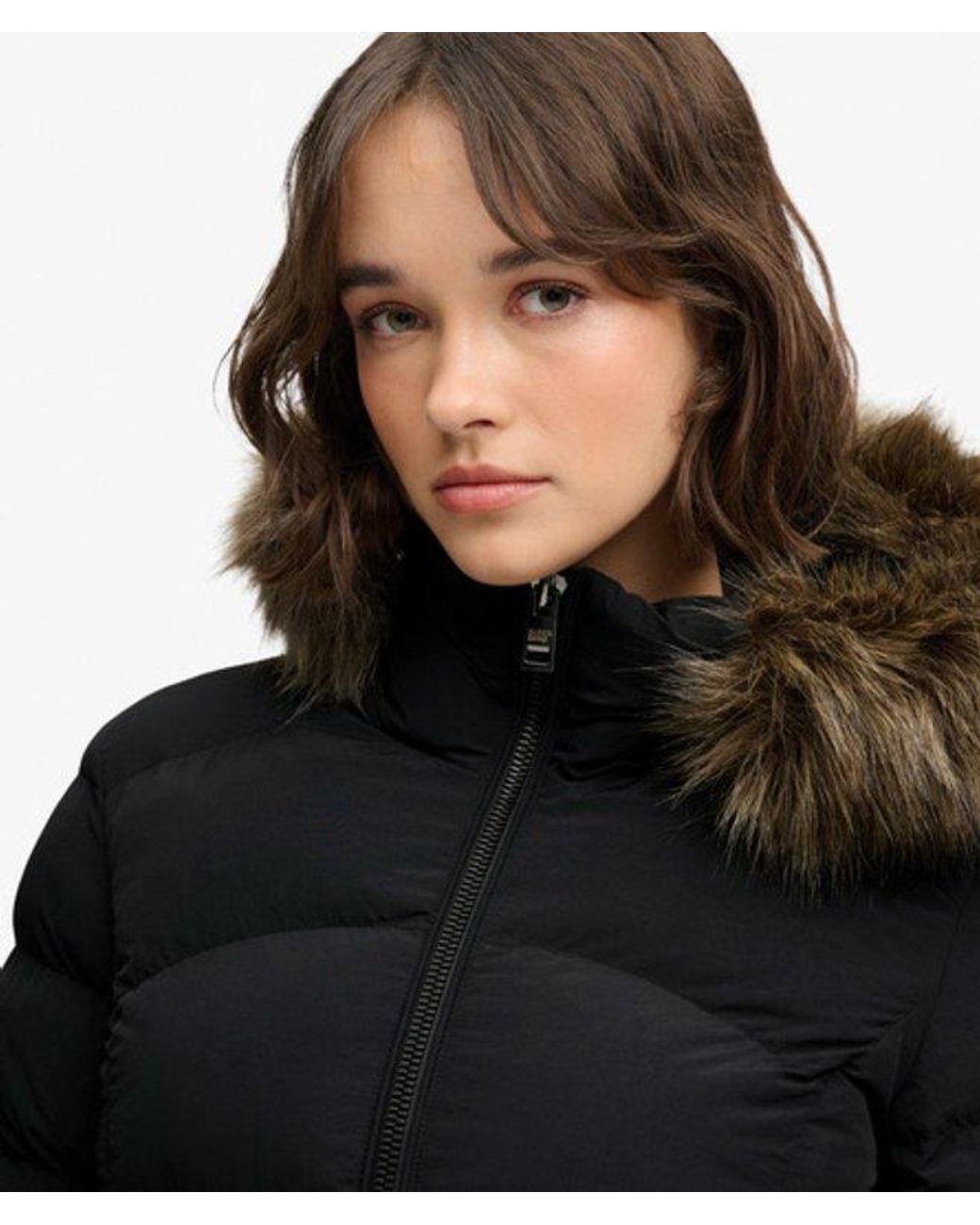 Superdry Black & Co Hooded Faux Fur Fuji Long Jacket