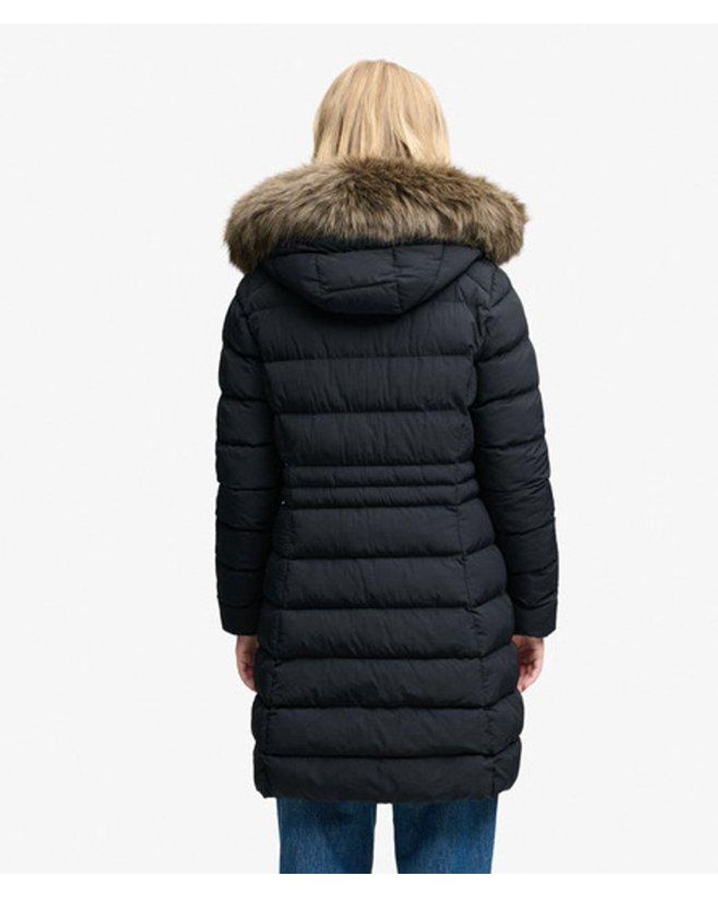 Superdry Blue & Co Hooded Faux Fur Fuji Mid Length Coat