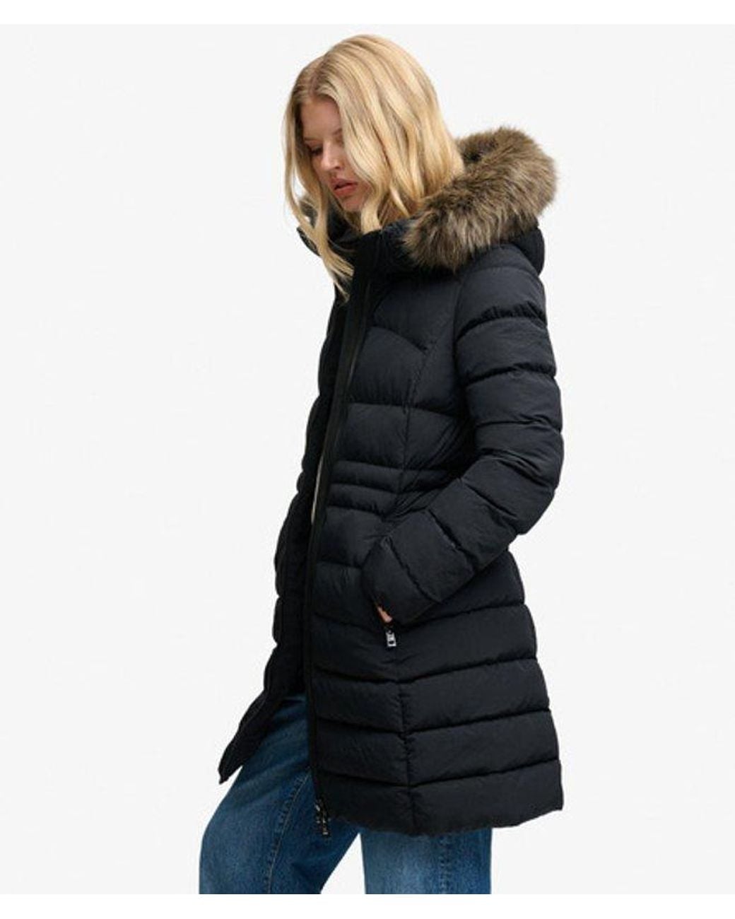 Superdry Blue & Co Hooded Faux Fur Fuji Mid Length Coat