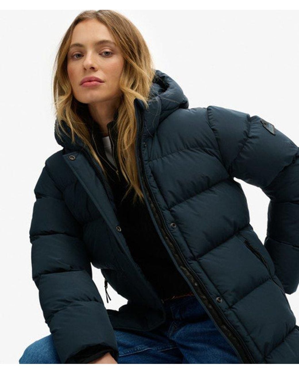 Superdry Blue & Co Hooded Sports Puffer Mid Length Jacket