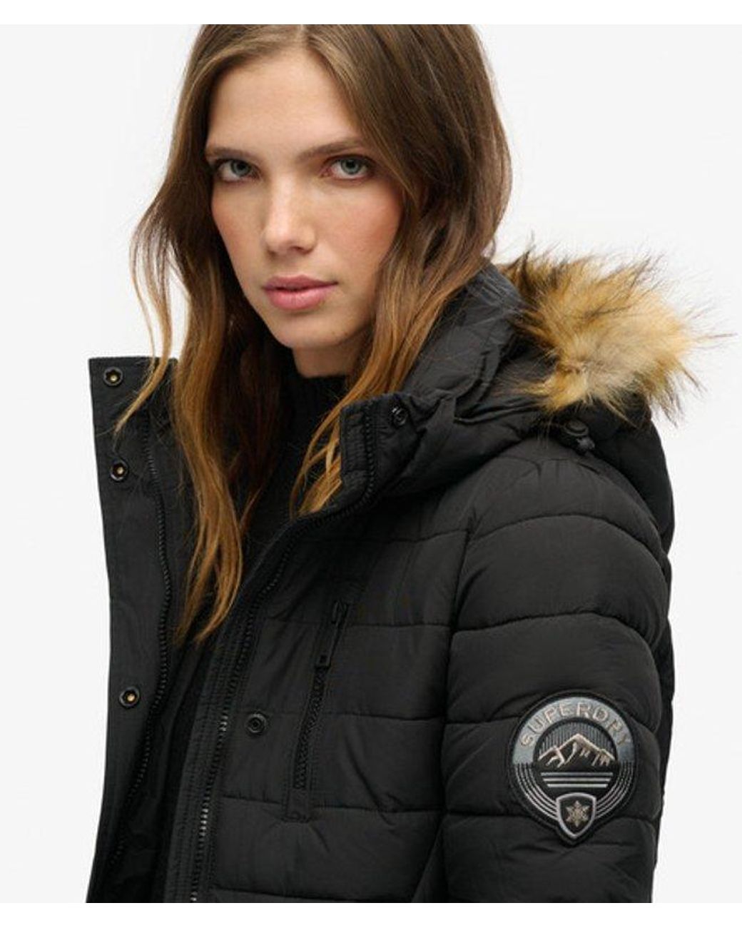 Superdry Black & Co Slim Fit Quilted Fuji Hooded Mid Length Puffer Coat