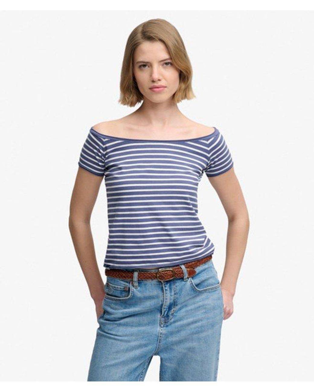 Superdry Blue Bardot Short Sleeve Off Shoulder Top
