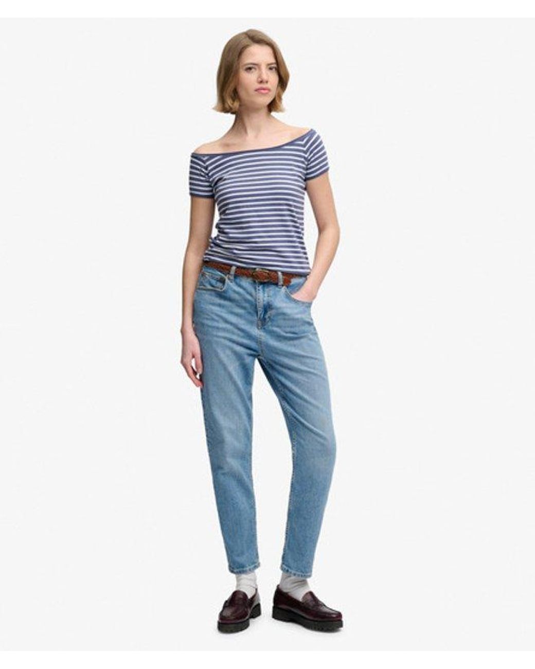 Superdry Blue Bardot Short Sleeve Off Shoulder Top
