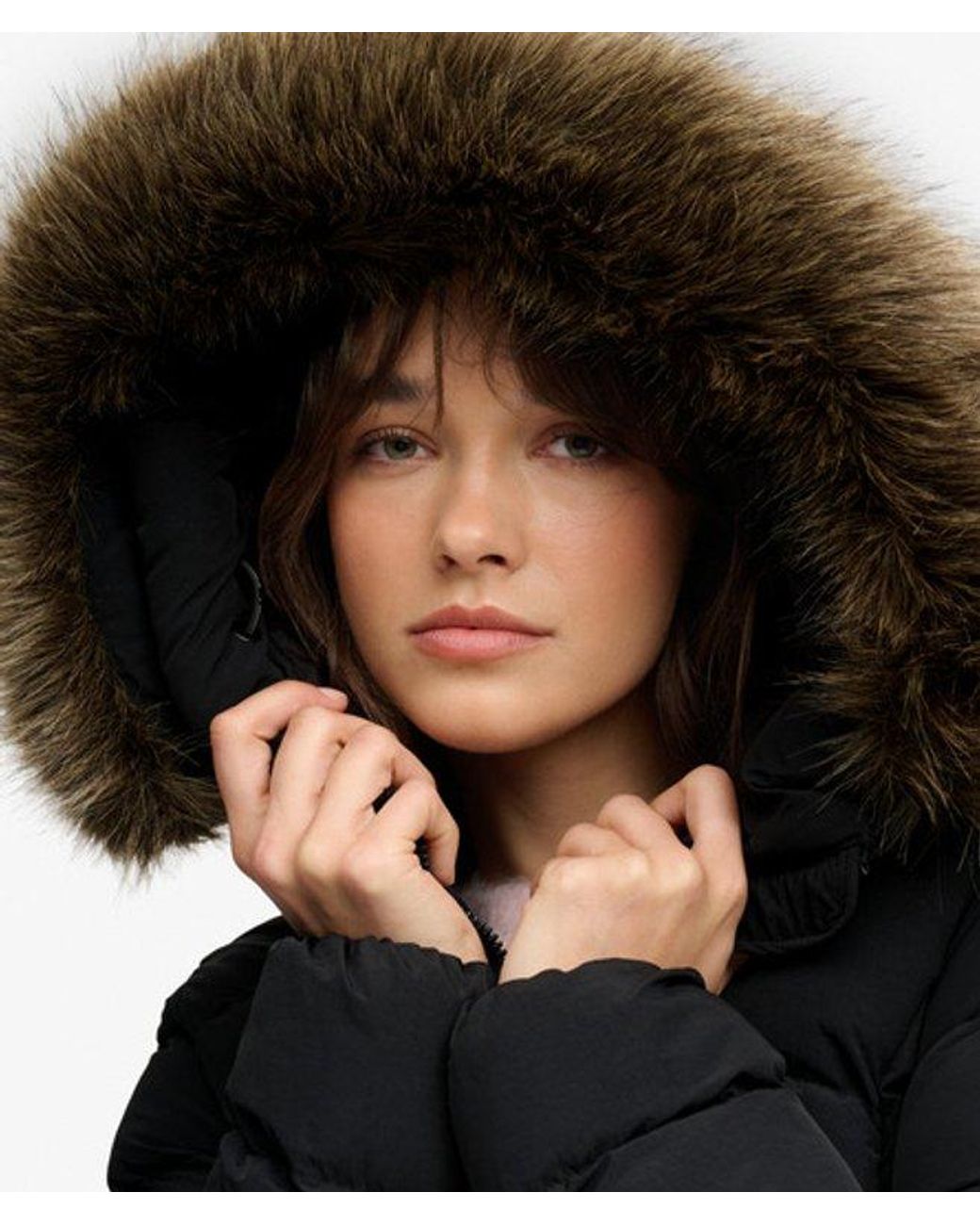 Superdry Black & Co Hooded Faux Fur Fuji Long Jacket