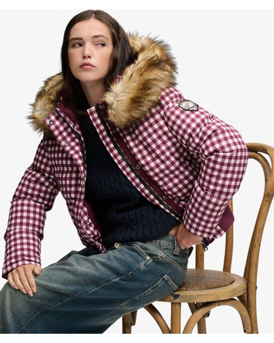 Superdry Red & Co Everest Check Hooded Bomber Jacket