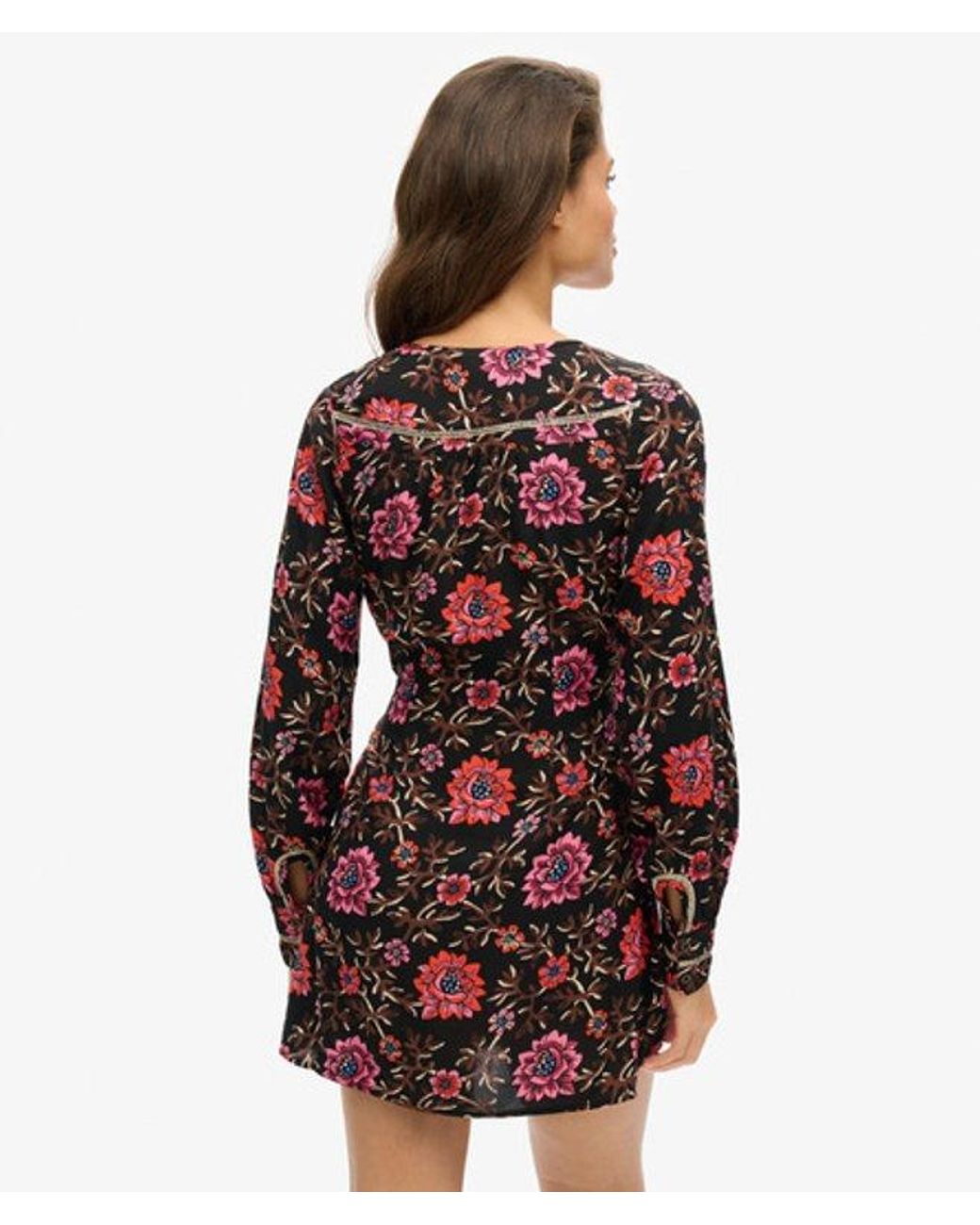 Superdry Black Floral Printed V-neck Mini Tea Dress