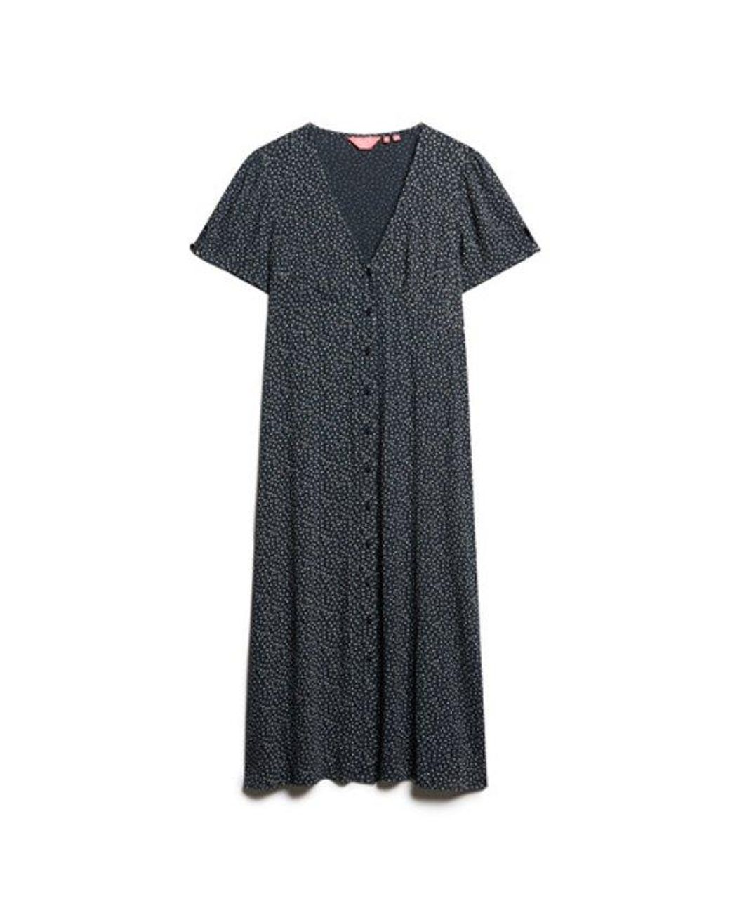 Superdry Blue Floral Printed Button-up Short Sleeve Midi Tea Dress