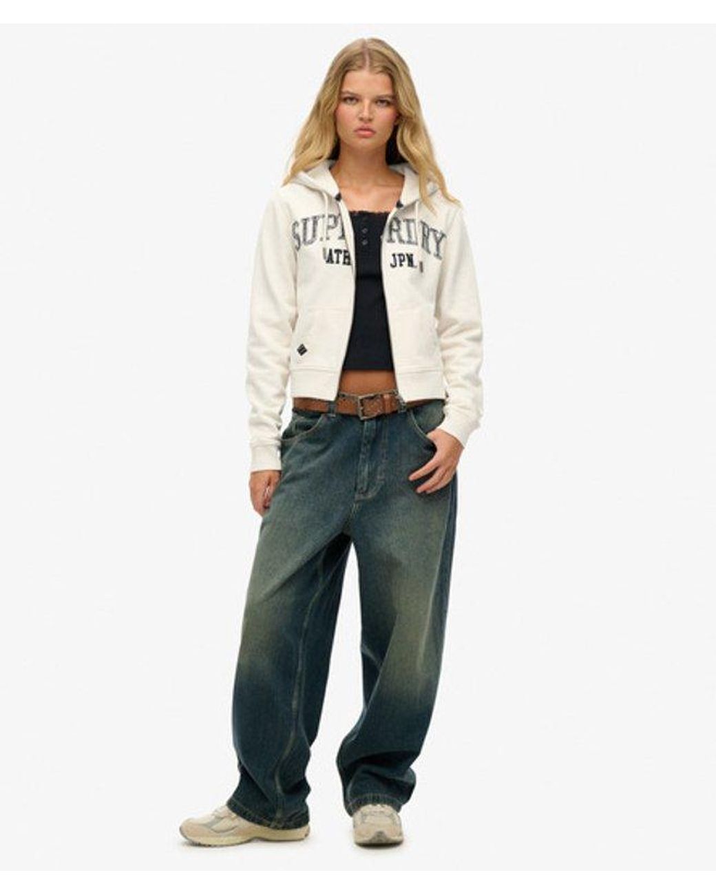 Superdry White Athletic Essentials Relaxed Cropped Zip Hoodie