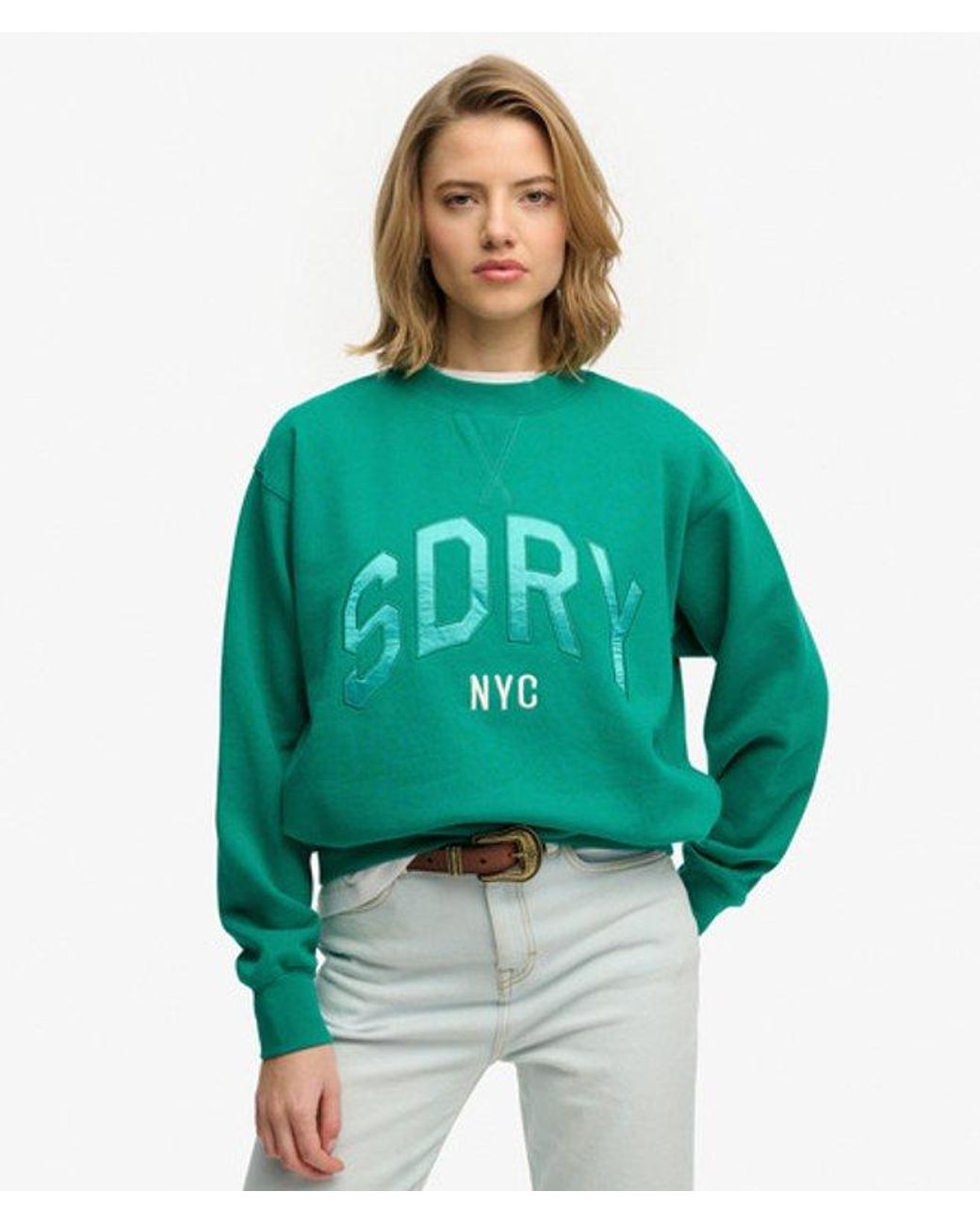 Superdry Green & Co Varsity Satin Applique Crew Sweatshirt