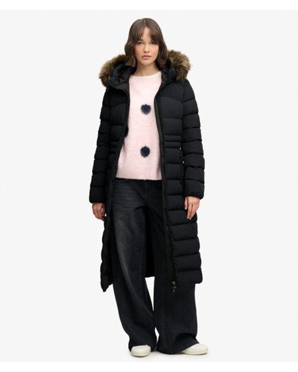 Superdry Black & Co Hooded Faux Fur Fuji Long Jacket
