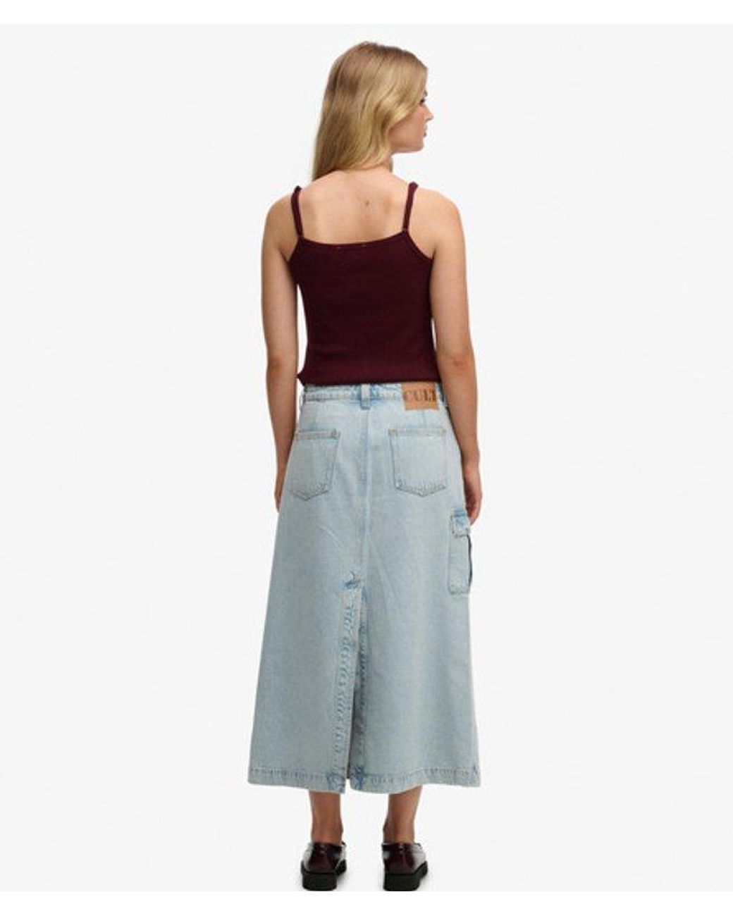 Superdry Denim Cargo Maxi Rok in het Blue
