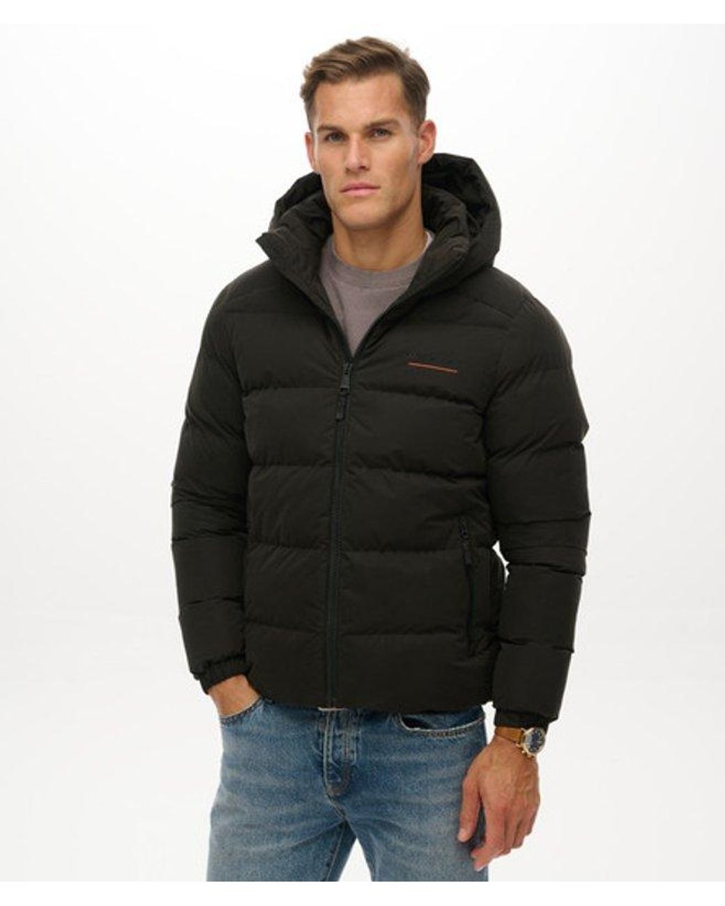 Superdry Black Hooded Microfibre Sport Puffer Jacket for men