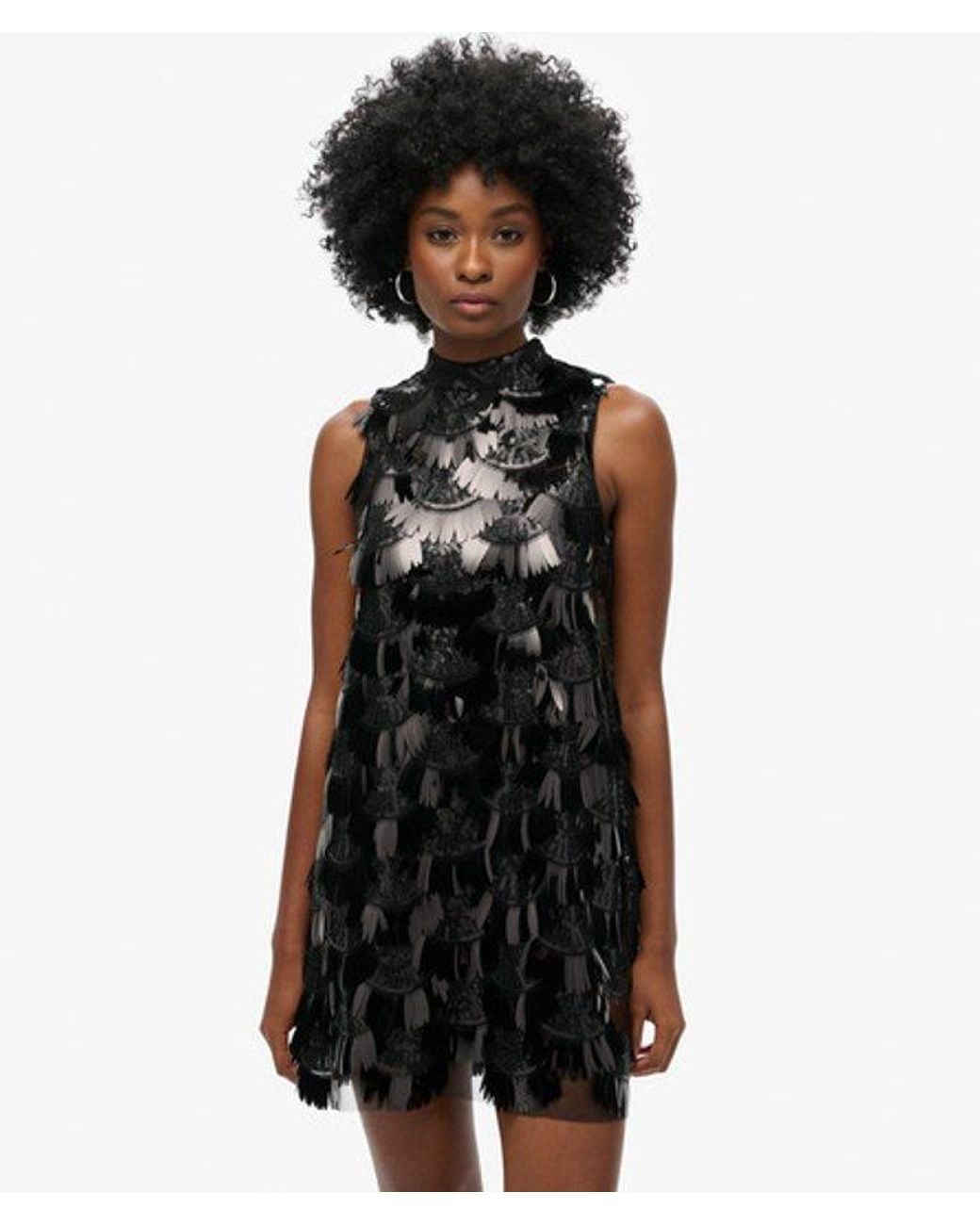 Superdry A-line Fringe Sequin Dress in Black | Lyst