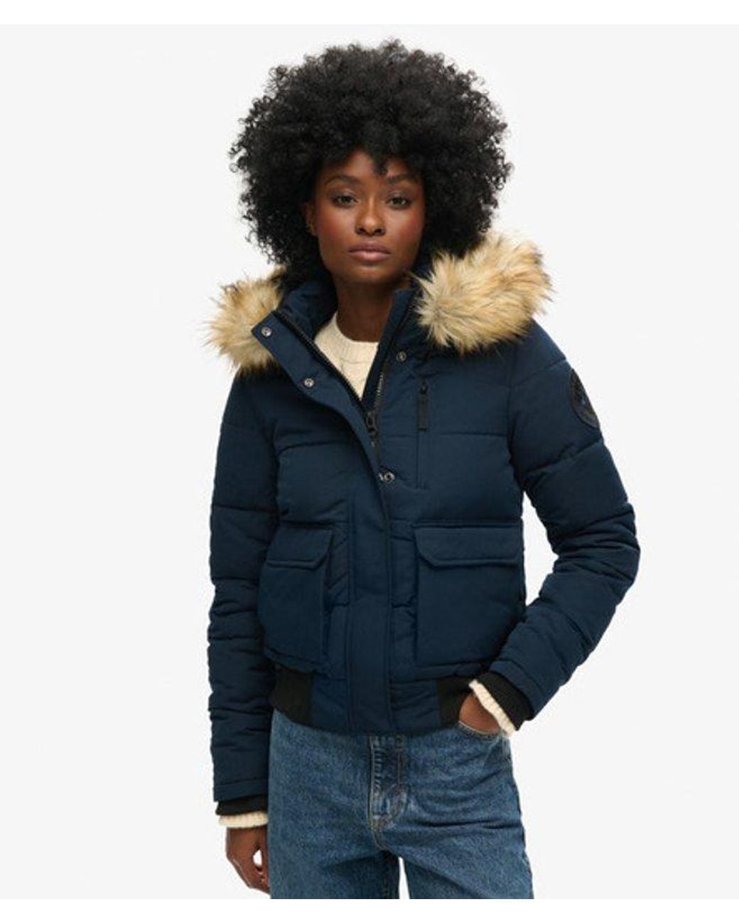 Superdry Blue & Co Fully Lined Embroidered Badge Hooded Everest Puffer Bomber Jacket