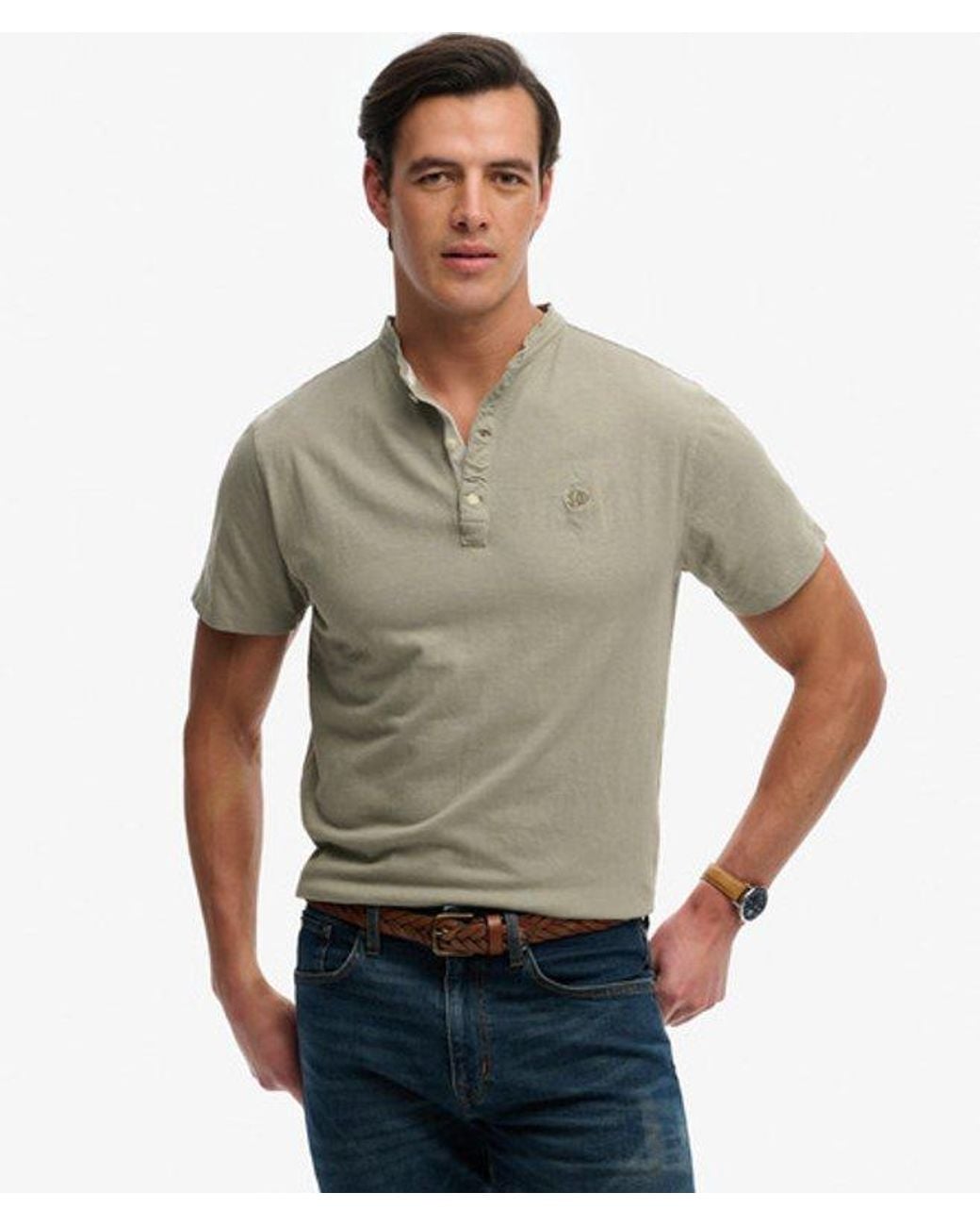Superdry Green & Co Classic Cotton Linen Short Sleeve Henley T-shirt for men