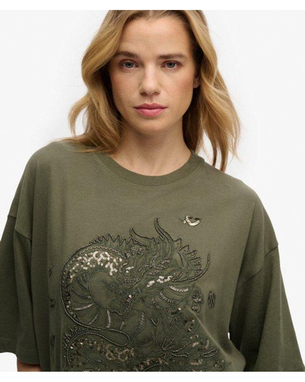 Superdry Green Tattoo Embellished Oversized T-Shirt