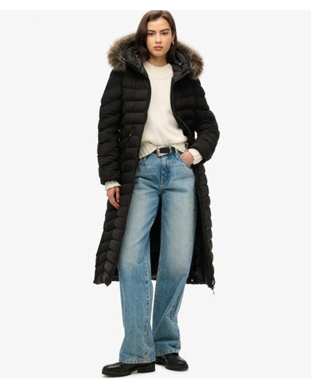 Superdry Black & Co Slim Fit Fuji Faux Fur Hooded Long Jacket