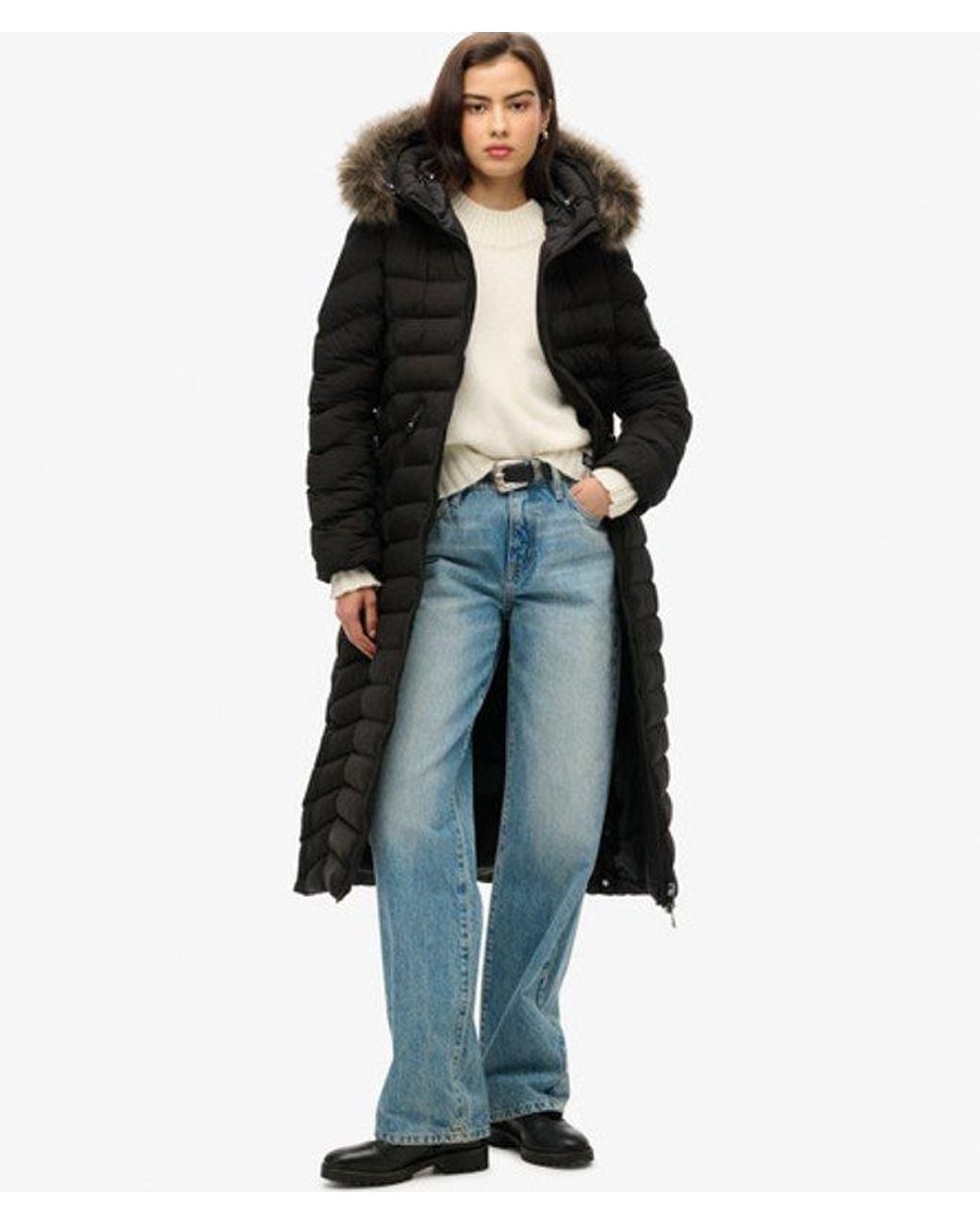 Superdry Black & Co Slim Fit Fuji Faux Fur Hooded Long Jacket