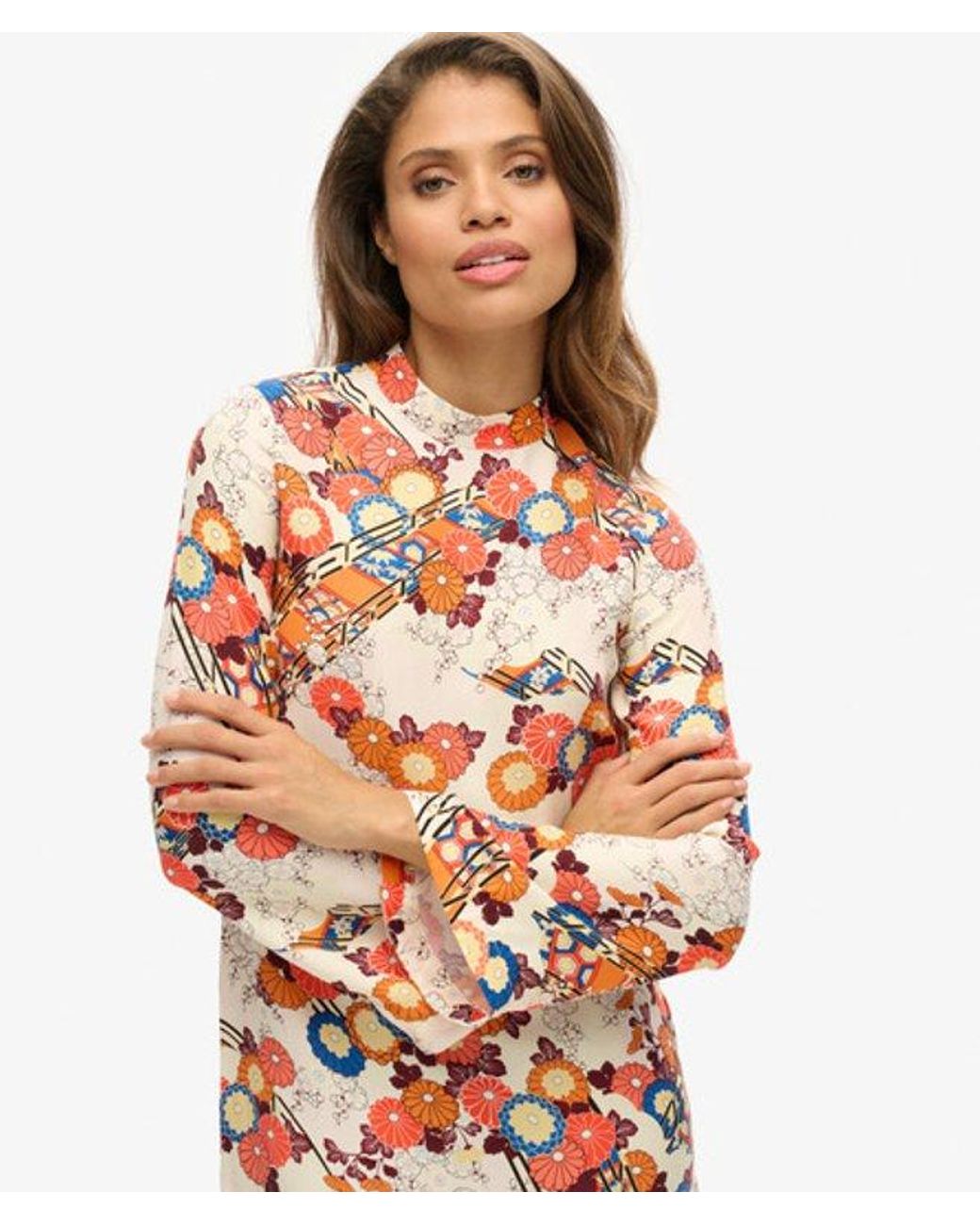 Superdry Red & Co Printed Long Sleeve Mini Dress