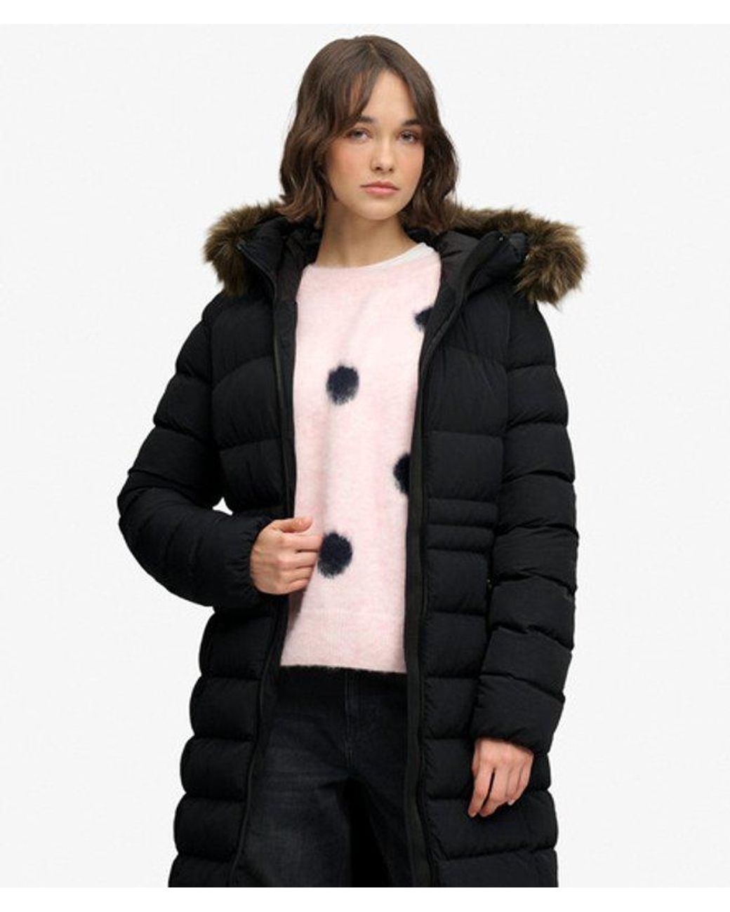 Superdry Black & Co Hooded Faux Fur Fuji Long Jacket
