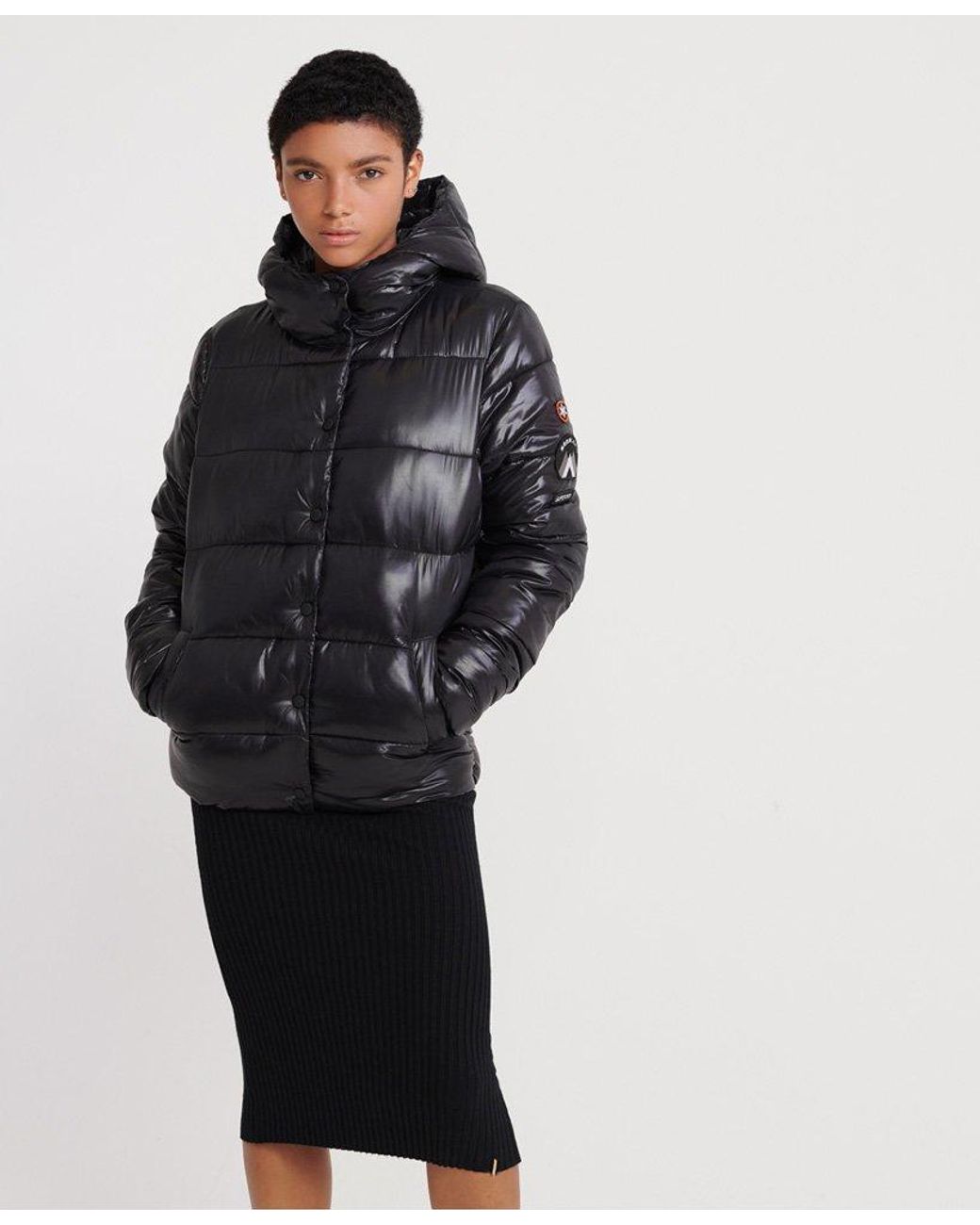 black maxi high shine fitted puffer