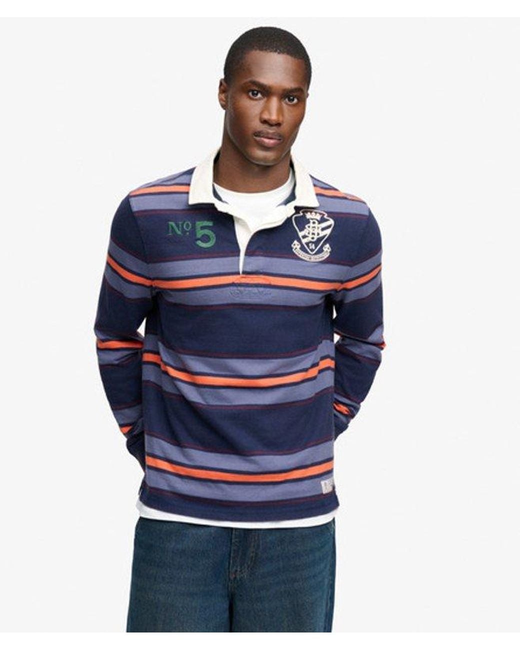 Superdry Blue & Co Double Emblem Stripe Rugby Top for men