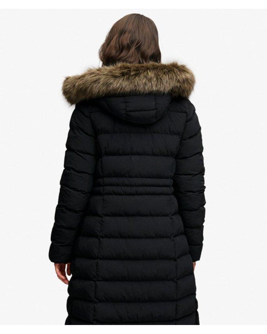 Superdry Black & Co Hooded Faux Fur Fuji Long Jacket