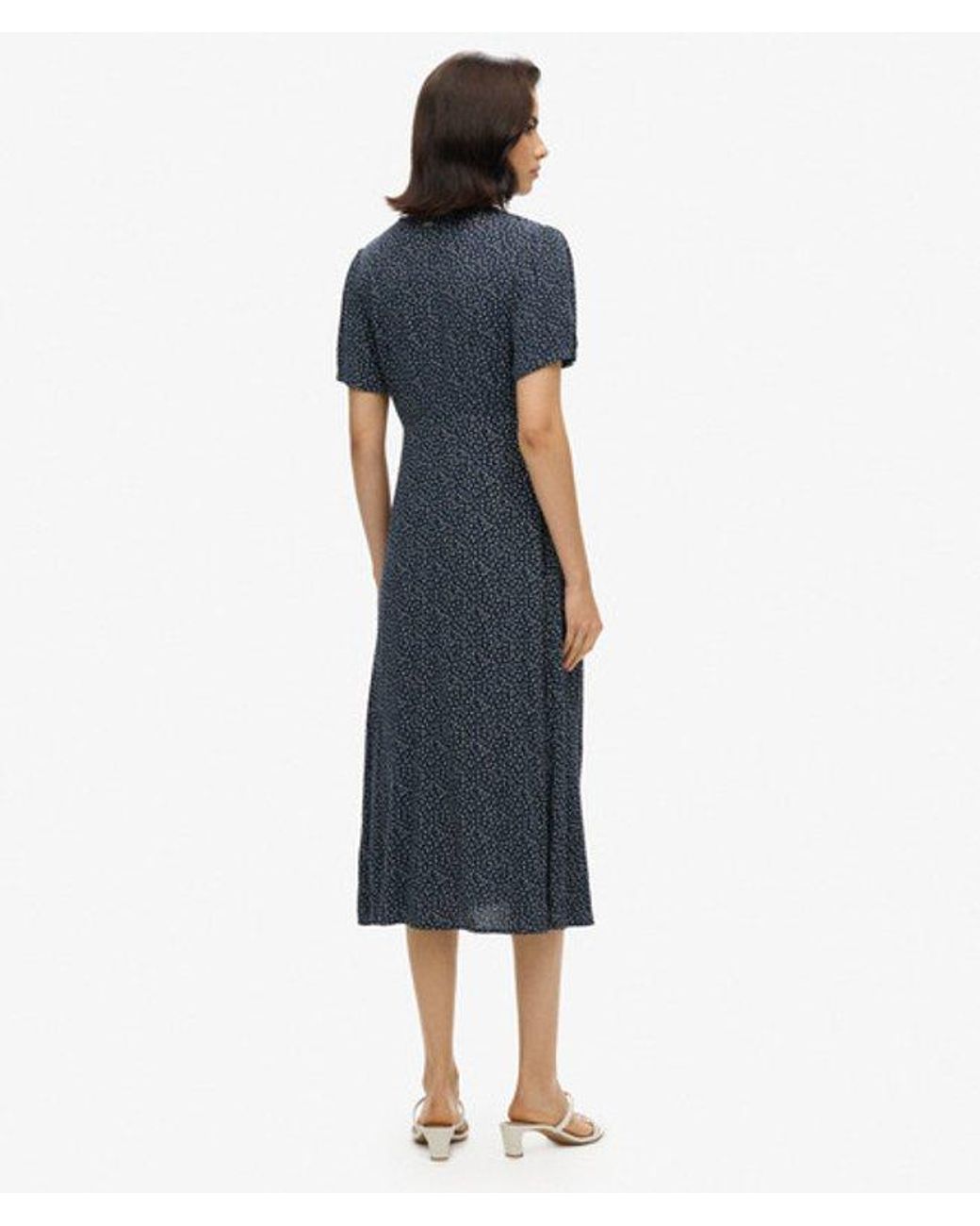 Superdry Blue Floral Printed Button-up Short Sleeve Midi Tea Dress