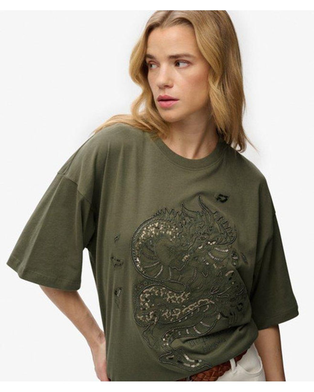 Superdry Green Tattoo Embellished Oversized T-Shirt