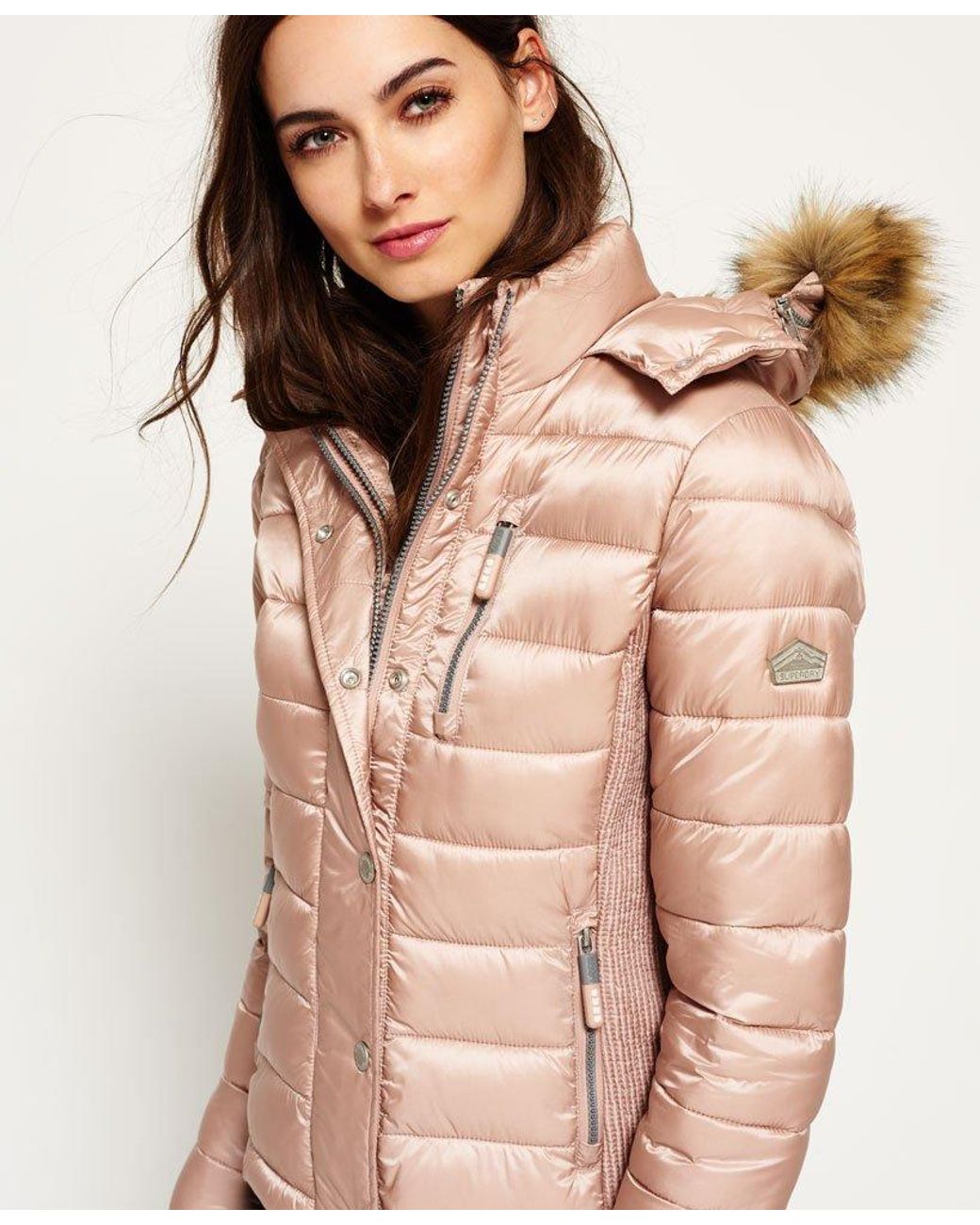 Superdry Luxe Fuji Double Zip Hooded Jacket Pink in Natural | Lyst