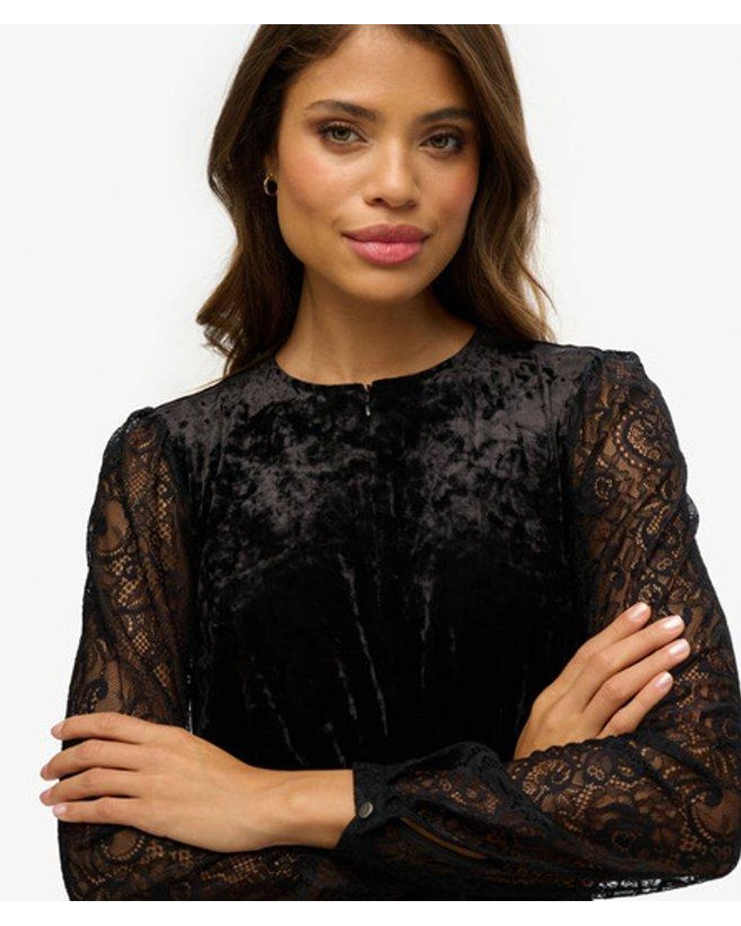 Superdry Black & Co Lace Sleeve Velvet Midi Dress