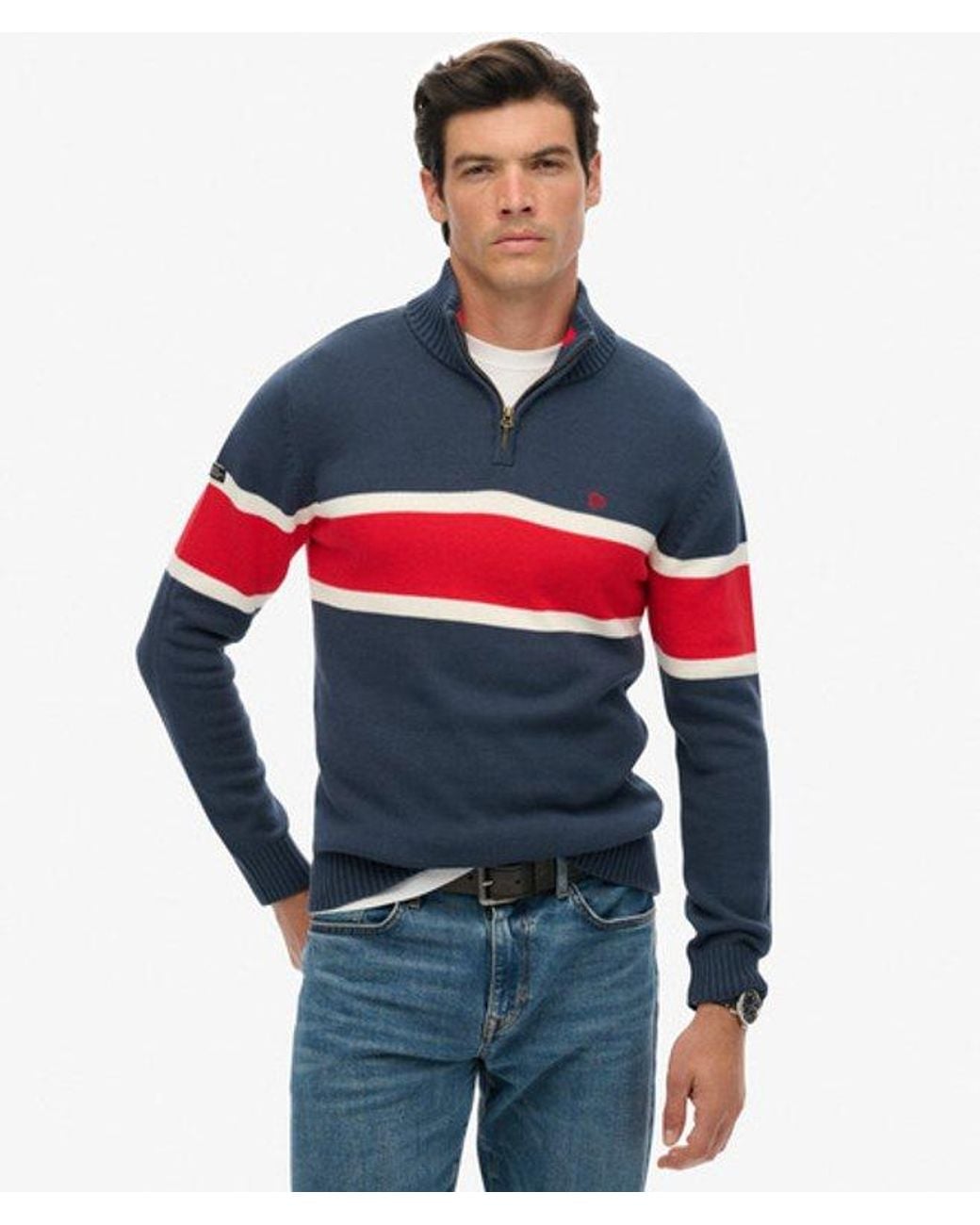 Superdry Blue & Co Cotton Stripe Half Zip Knit for men