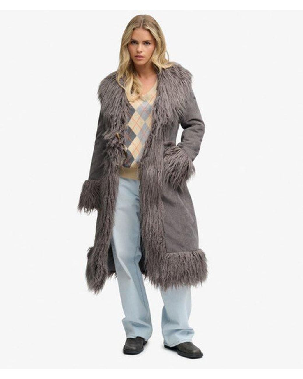 Superdry Gray Long Afghan Coat