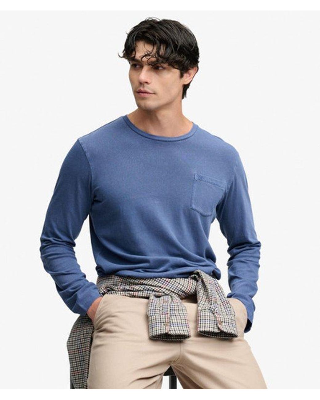Superdry Blue Cotton Linen Long Sleeve Pocket Top for men