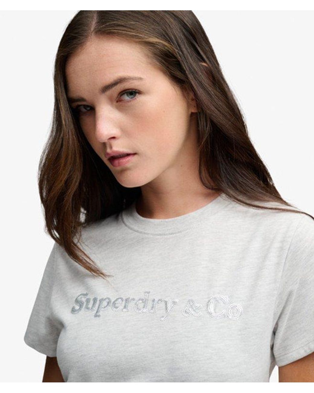 Superdry Gray Company Logo Sequin T-Shirt