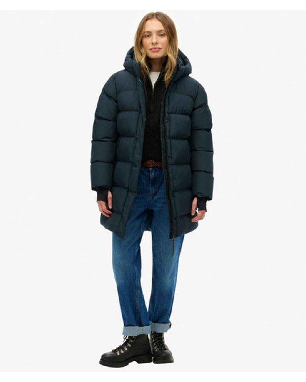 Superdry Blue & Co Hooded Sports Puffer Mid Length Jacket