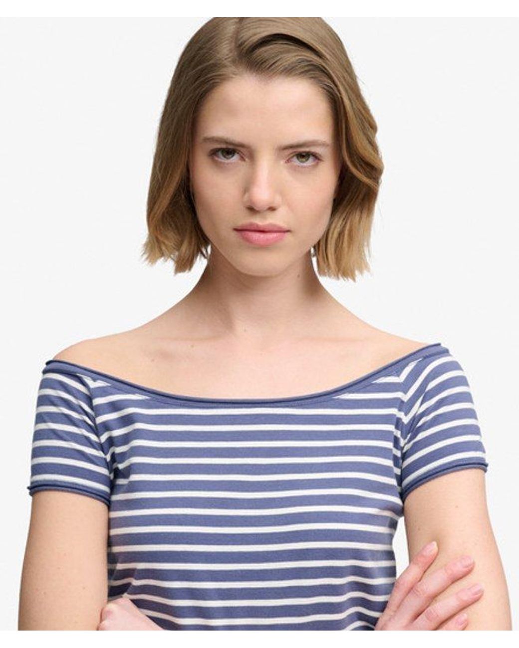 Superdry Blue Bardot Short Sleeve Off Shoulder Top