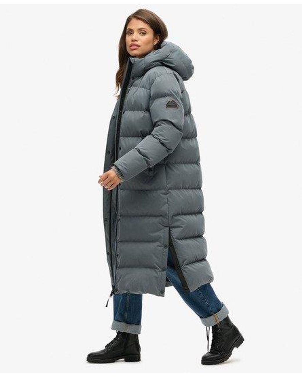 Superdry Blue Microfibre Long Puffer Coat