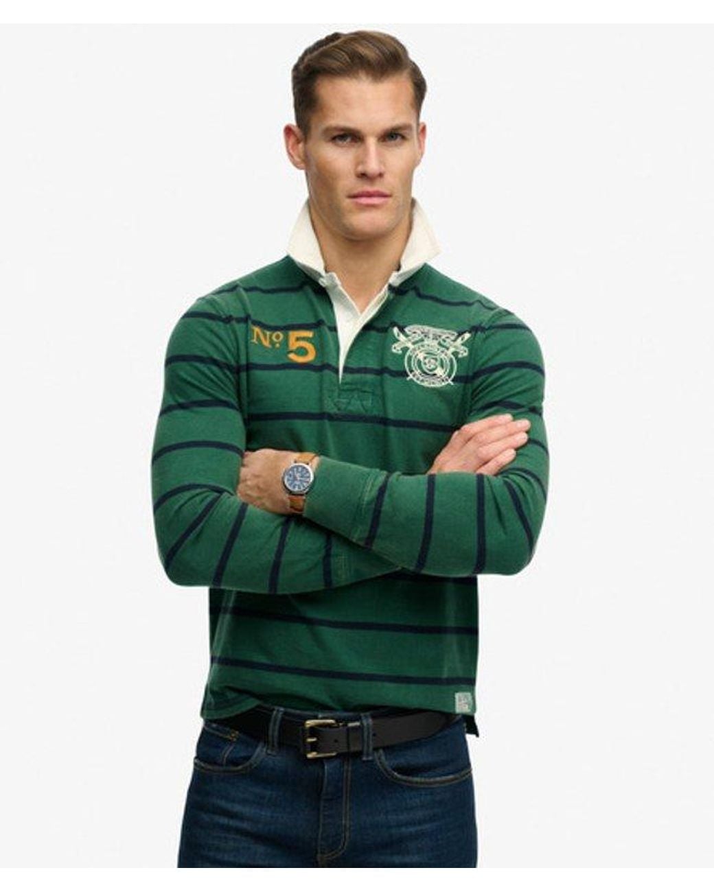Superdry Green & Co Double Emblem Stripe Rugby Top for men