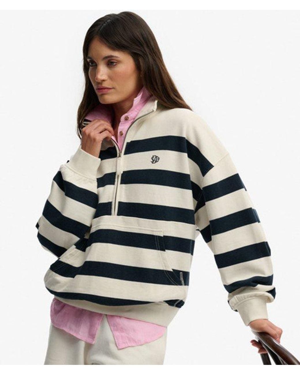 Superdry Studios Stripe Half Zip Sweatshirt in het White