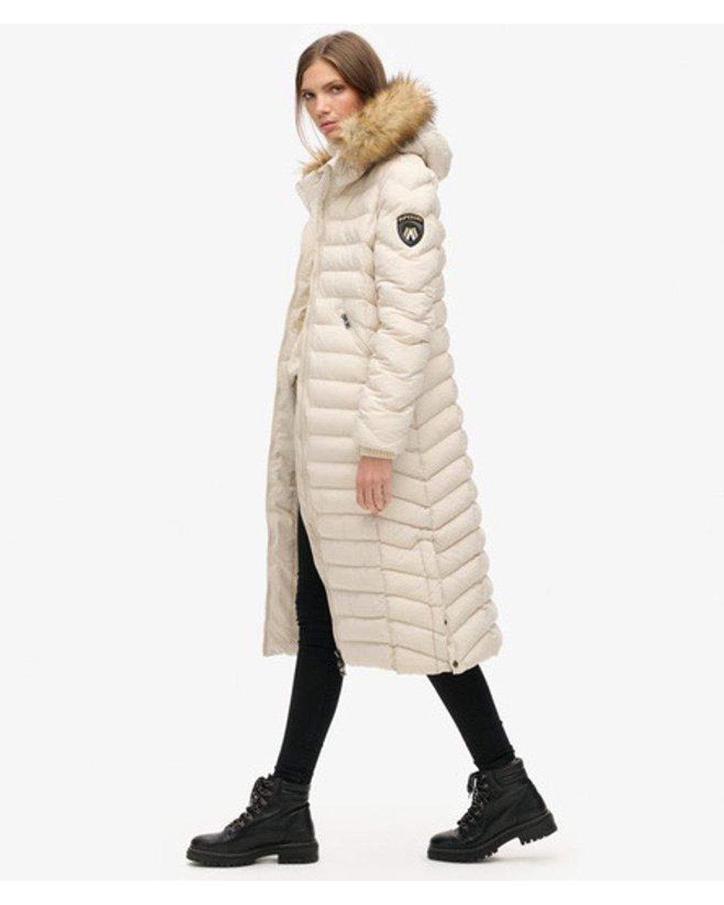 Superdry White & Co Slim Fit Fuji Faux Fur Hooded Long Jacket