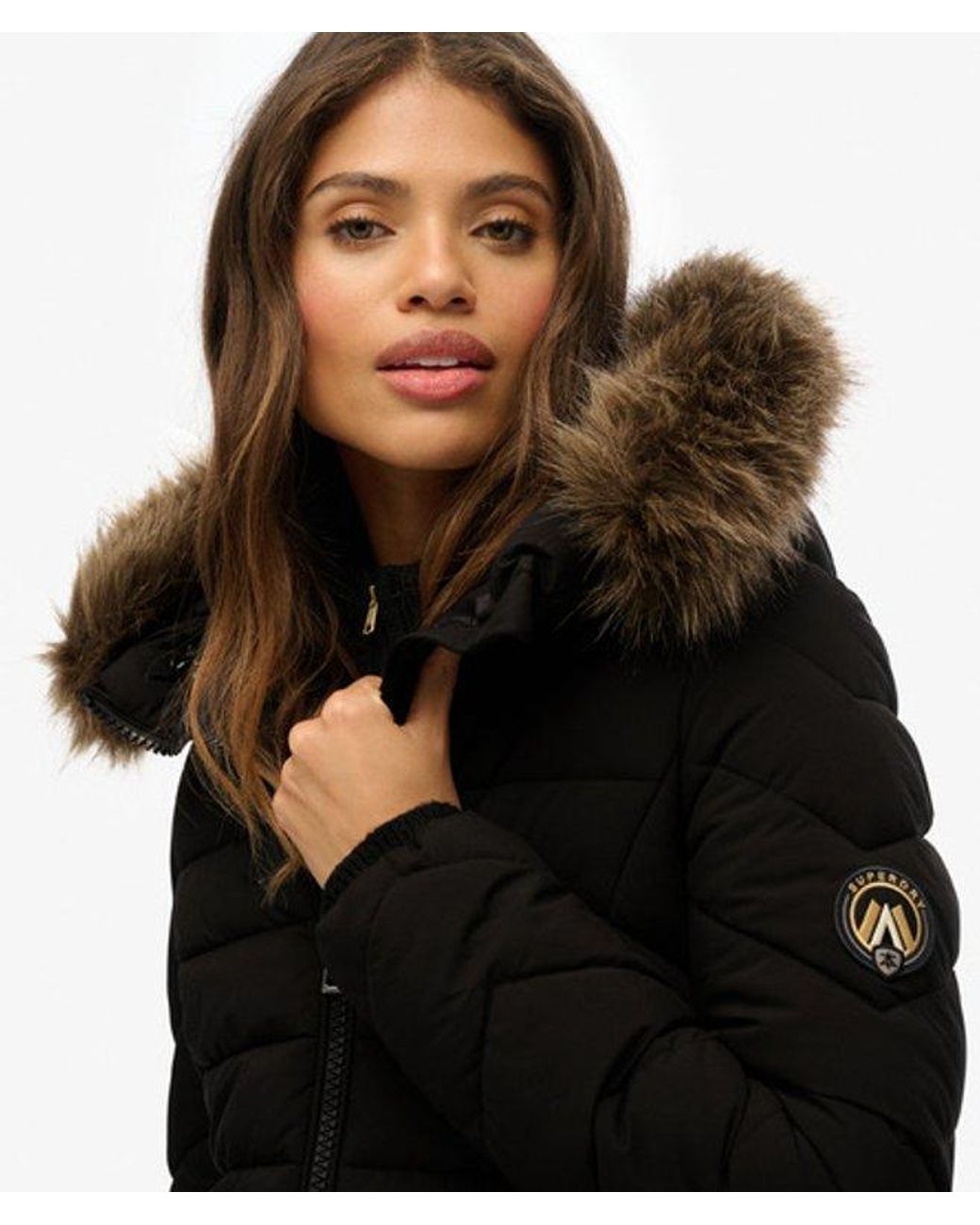 Superdry Black & Co Fuji Faux Fur Hooded Mid Length Coat