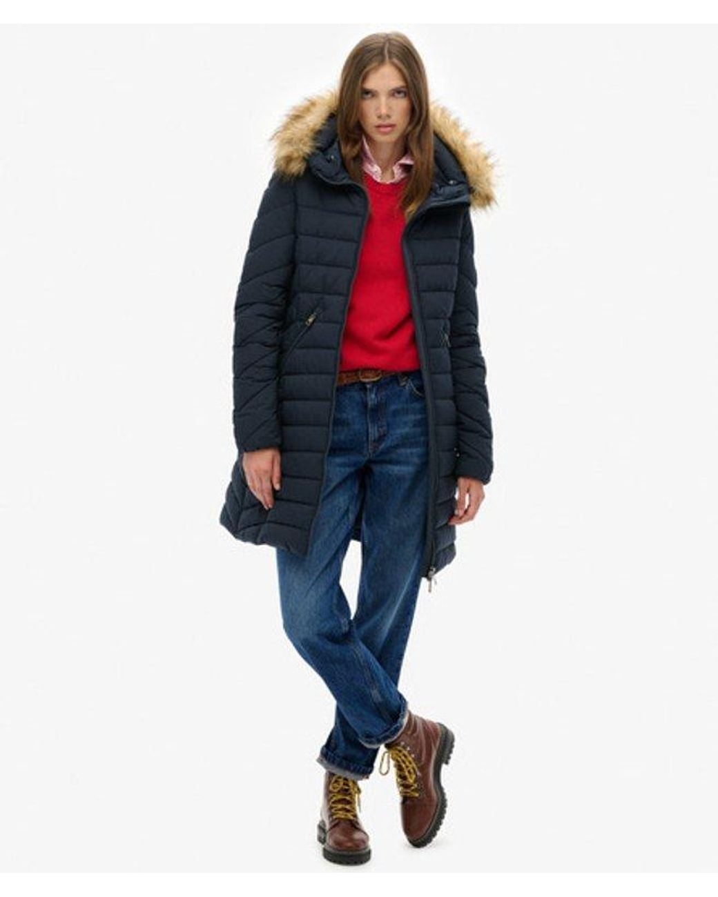 Superdry Blue & Co Fuji Faux Fur Hooded Mid Length Coat