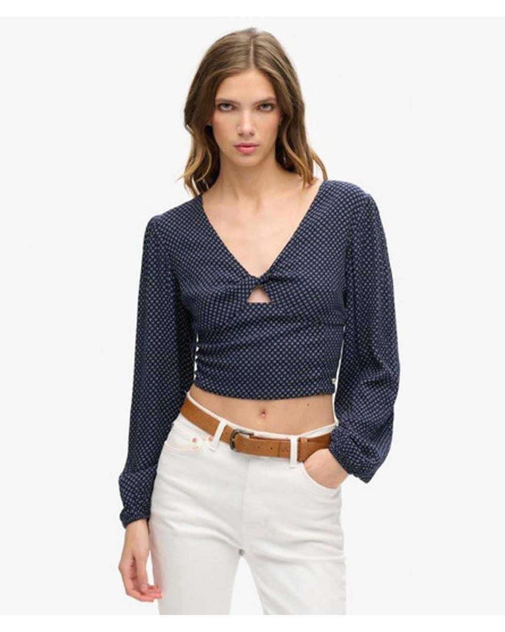 Superdry Blue & Co Long Sleeve Woven Crop Top