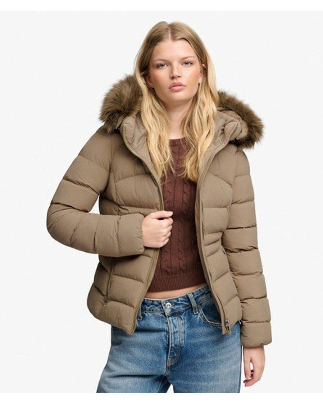 Superdry Brown Hooded Faux Fur Fuji Padded Jacket