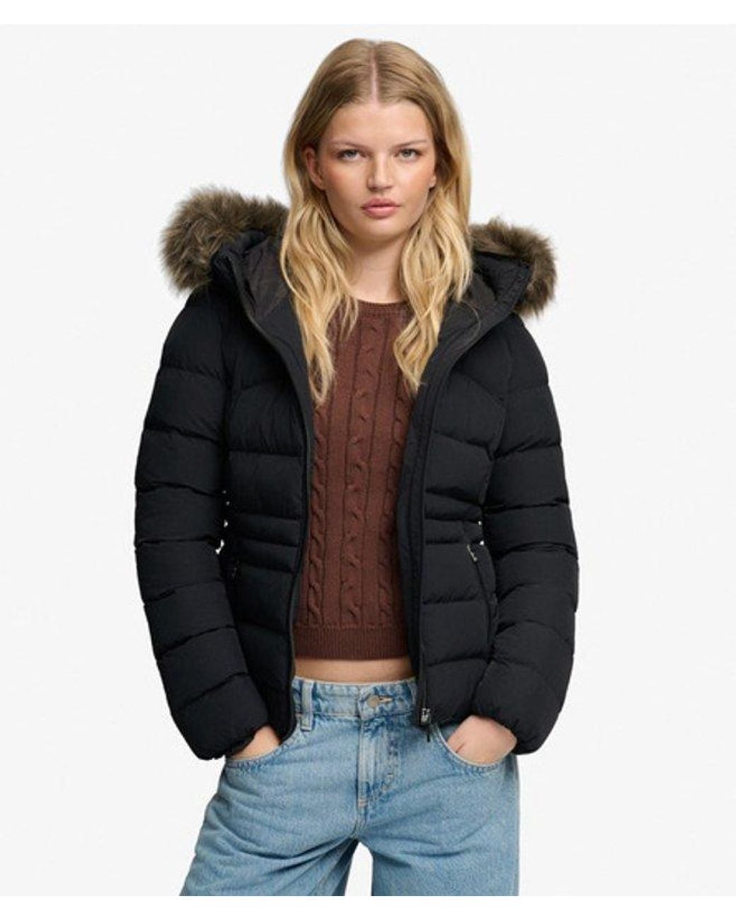 Superdry Black & Co Hooded Faux Fur Fuji Padded Jacket
