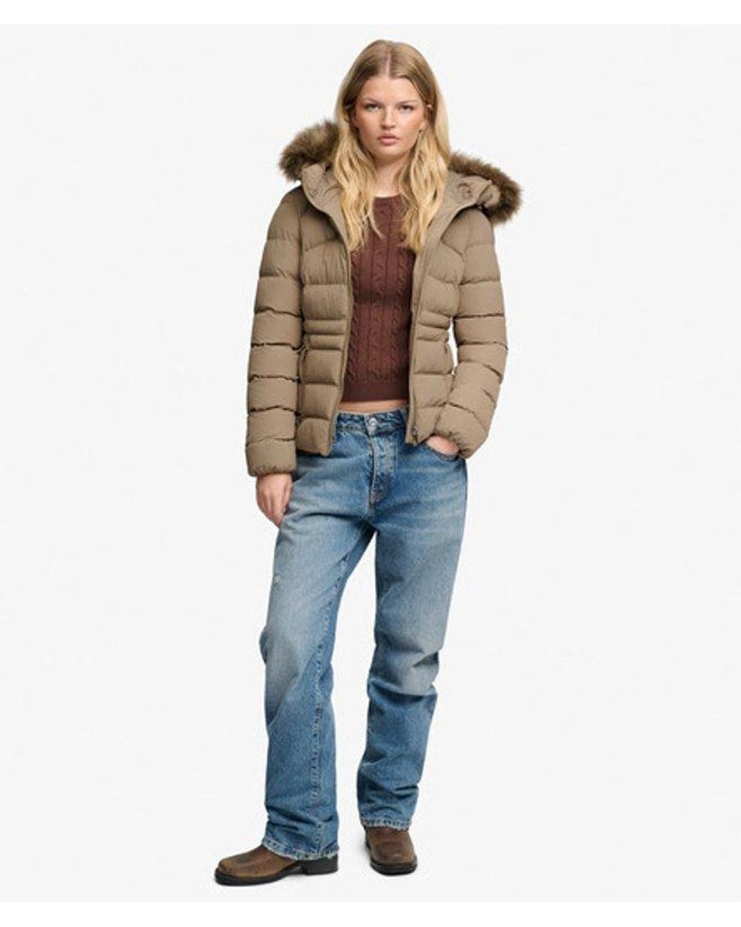 Superdry Brown Hooded Faux Fur Fuji Padded Jacket